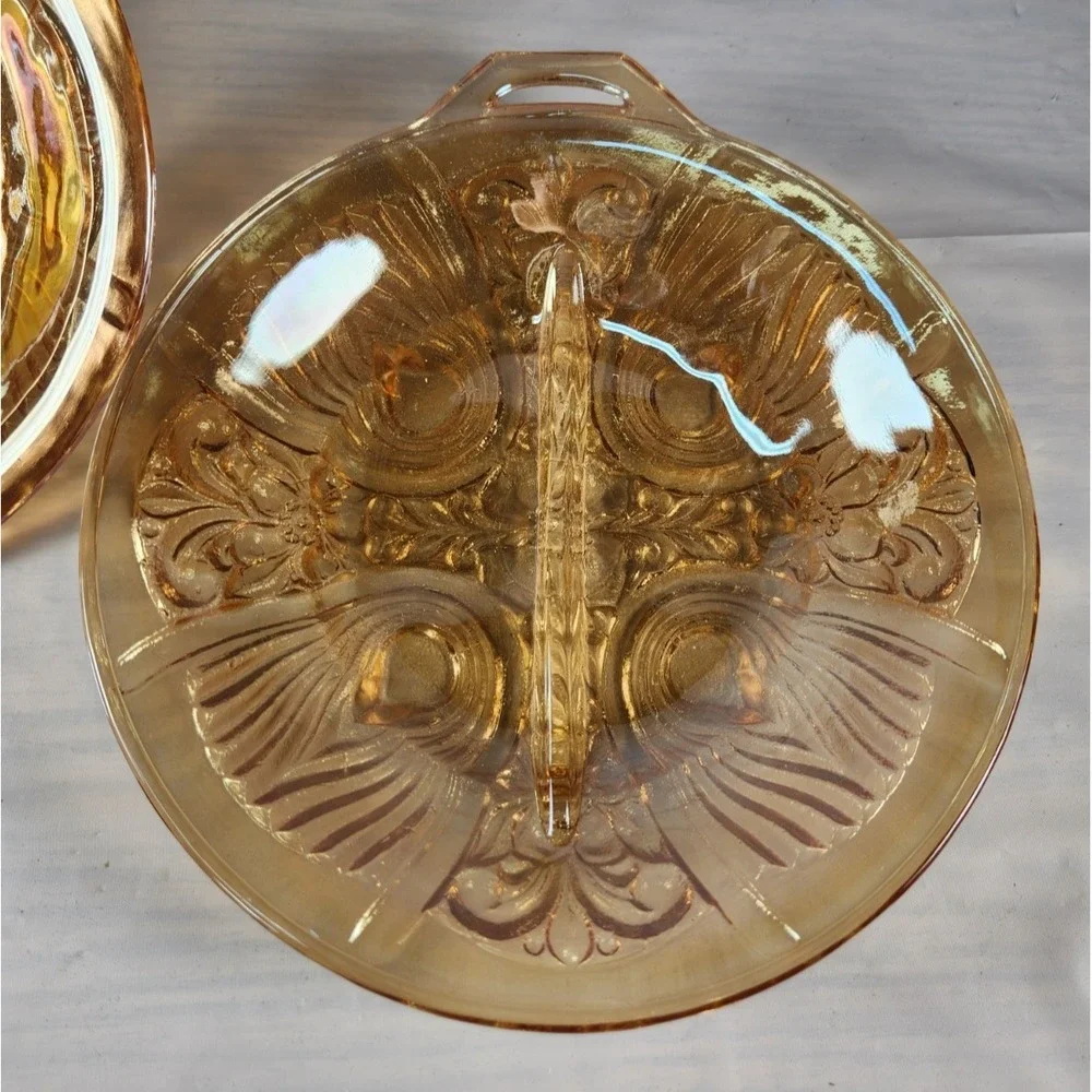 Set of 2 Vintage Indiana Amber Marigold Carnival Glass Divided dish